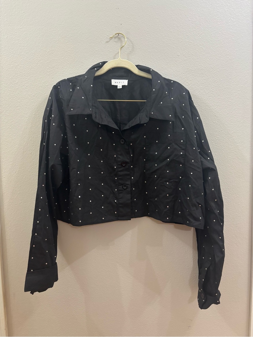 Mable Black Poplin Embellished Cropped Button-Up Shirt
